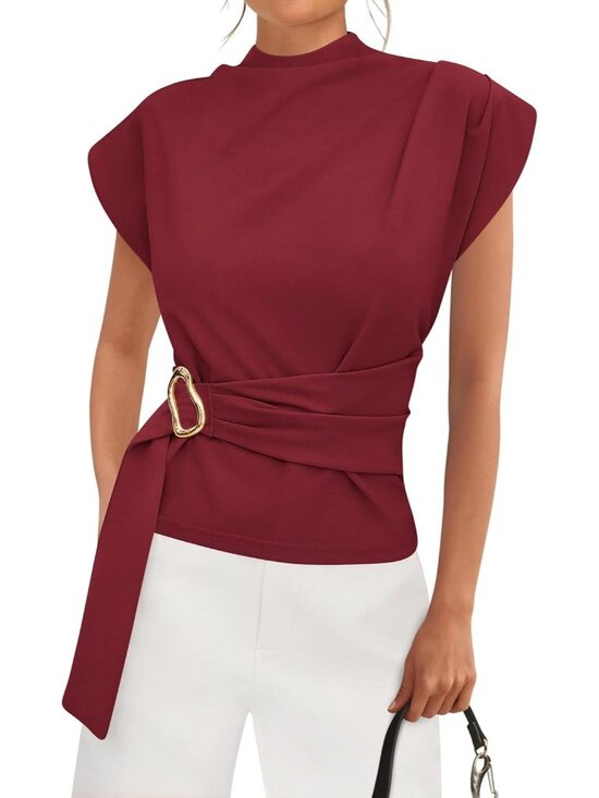 Tops - Women's Burgundy Sleeve Mock Neck Casual Buckle Belted Tunic Top Blouse T-Shirt
